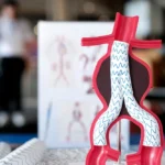 Model demonstrating endovascular stent placement for abdominal aortic aneurysm repair